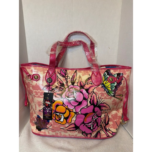 NWT VTG Y2K Ed Hardy Lg Patent Leather Tote Bag Weekender Floral Butterflies - Picture 1 of 9